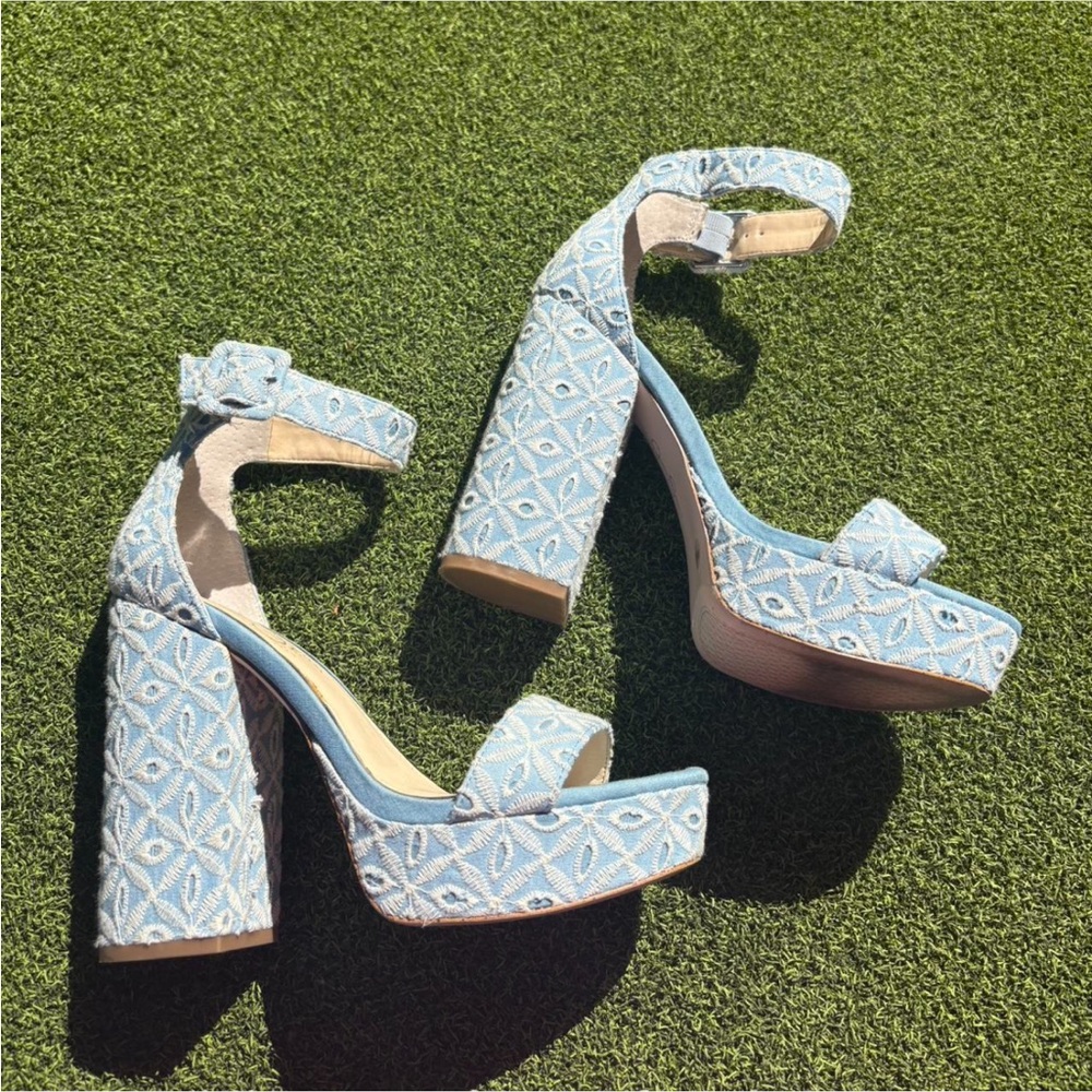 Stylish Blue Denim Jessica Simpson Patterned Women's Chunky Heels